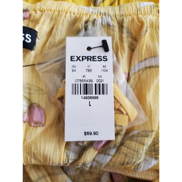 NWT Express Womens L Yellow Floral Off-the-Shoulder Smocked Ruffle Mini Dress - Picture 2 of 8